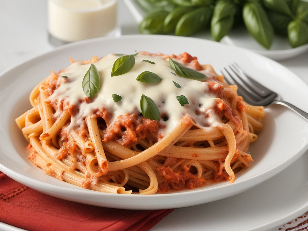 baked spaghetti with alfredo and red sauce