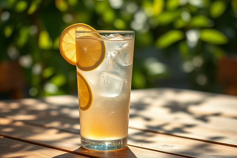 photograph of a refreshing iced beverage in a glass with lemon slices and ice, set on a wooden table with sunlight filtering through leaves, shallow depth of field, ISO 200, aperture f/2.8, 50mm lens, natural light photography, DSLR camera