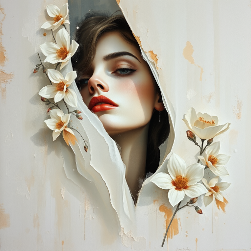 An ethereal woman emerges from a textured canvas, a modern abstract portrait shrouded in delicate mystery. Bold, expressive brush strokes, dynamic interplay of light and shadow. whites and creams, sense of purity and timelessness. Floral motifs bloom around her