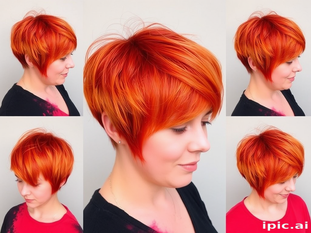 Vibrant Sunset Pixie Cut featuring fiery orange and red hues blending seamlessly with soft golden highlights creating a mesmerizing gradient effect reminiscent of a beautiful sunset sky