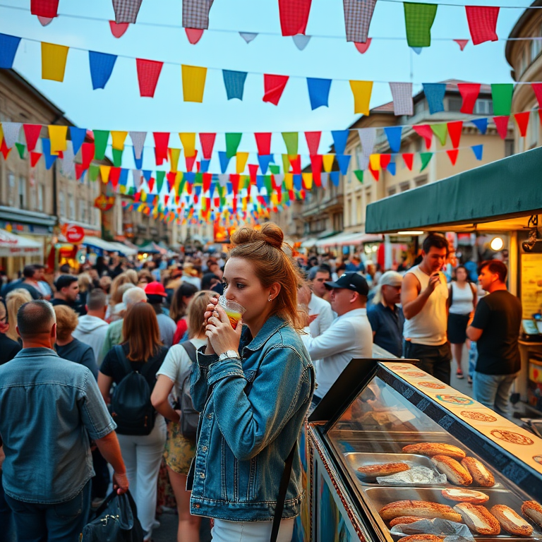 Crowded festival in a bustling square, colorful flags hanging overhead, a woman in a denim jacket stands at a food stall, sipping from a cold drink as performers entertain in the background.