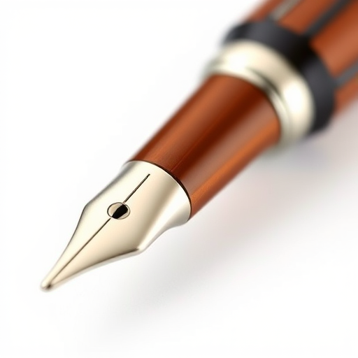 Create a digital illustration of a brown fountain pen with a silver nib, capturing the pen in a close-up view on a white background, using a high-resolution camera set to f/2.8 aperture, ISO 100, with a macro lens for enhanced detail and clarity.