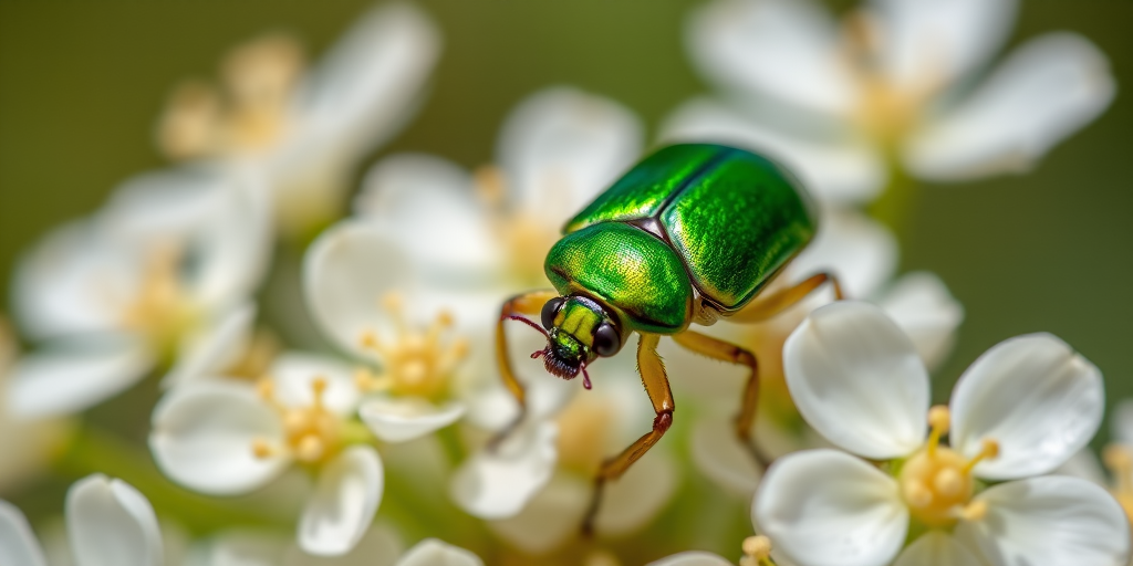 Close-up of a vibrant green beetle on white flowers, shallow depth of field, natural lighting, macro lens, f/2.8, ISO 100, 1/200s, DSLR camera.