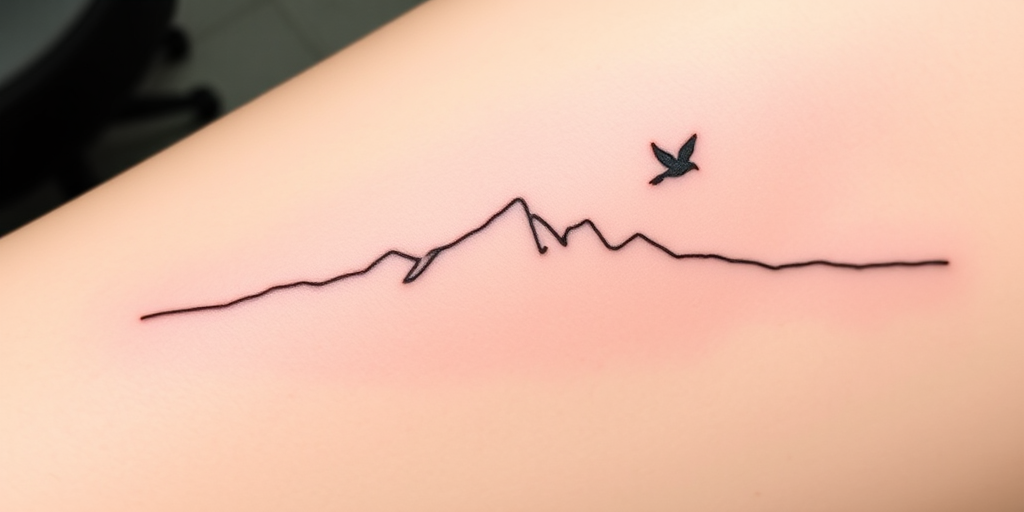 Minimalist single-line tattoo called "Infinite Journey" consisting of a continuous, unbroken line that forms the silhouette of a mountain range, bird in flight, and crashing wave, creating a fluid and elegant design that tells a story through simplicity