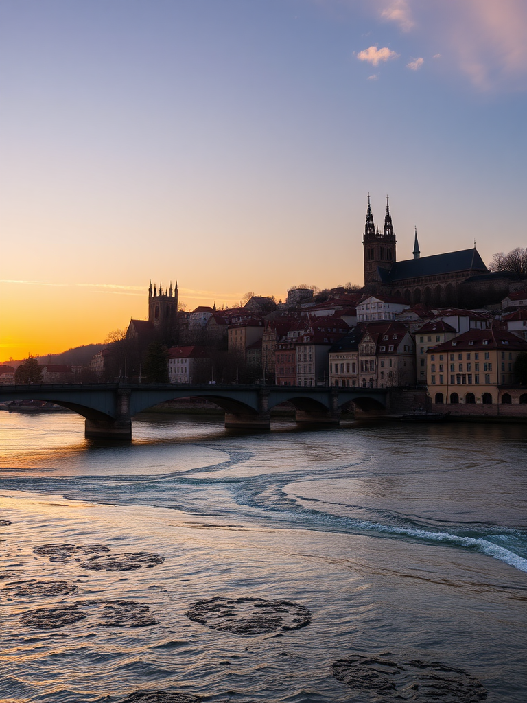 Capture a picturesque sunset over a river with a historic town and gothic architecture in the background, using a Canon EOS R5, ISO 100, f/8, 1/200 sec, 24mm lens, shot from a slightly elevated angle for depth and clarity.
