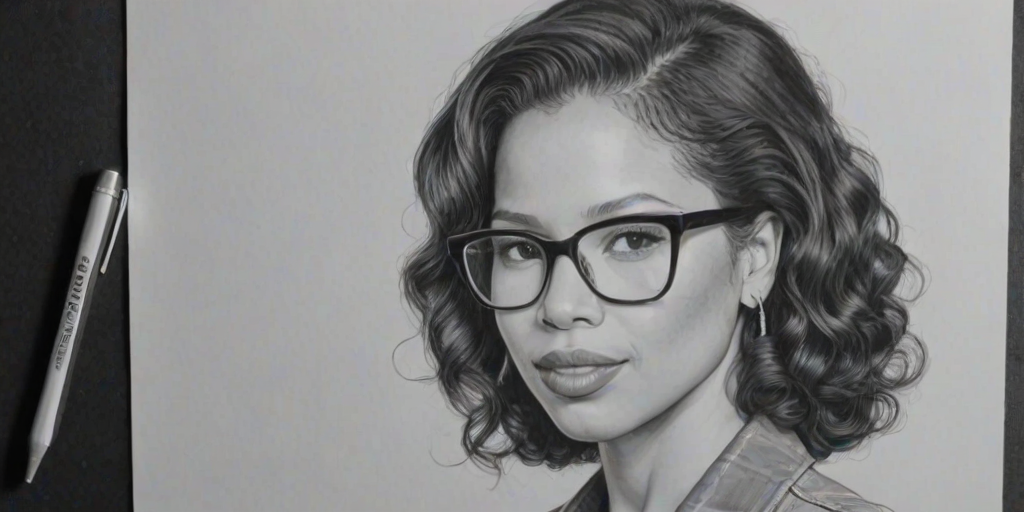 Fascinating Jurnee Smollett, pencil sketch, portrait of Pleasing woman 1944s in glasses, hair style beatnik, outline, clear lines, fine lines, 8k