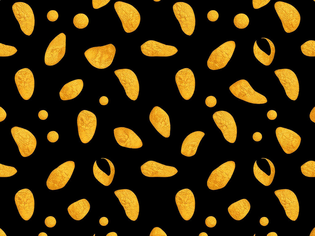 Generate a seamless pattern design featuring abstract gold shapes on a solid black background captured with a DSLR camera, using a 50mm lens at f/5.6, ISO 100, and a balanced exposure of 1/125 sec.