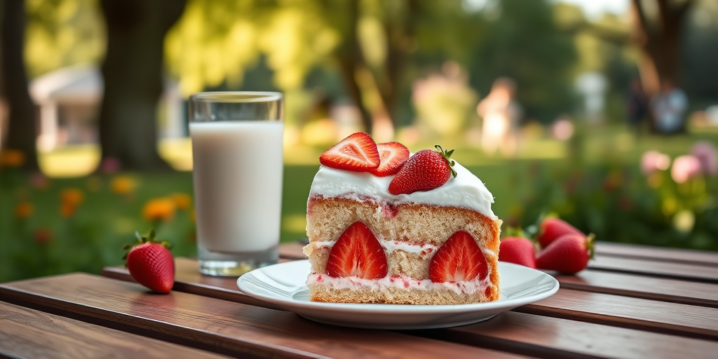 A slice of strawberry cake with whipped cream and fresh strawberries on a picnic table, beside a glass of milk in a lush garden, soft sunlight filtering through trees, aperture f/2.8, shutter speed 1/250s, ISO 100, 50mm lens, DSLR camera, vibrant colors, shallow depth of field.
