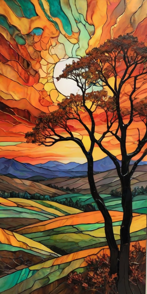 A vibrant abstract painting on Tiffany Glass, blending acrylic and alcohol ink techniques, captures a dramatic sunset over rolling hills. The artwork features a textured, rocky foreground in green and brown, layered abstract hills, and a striking sunset in rich oranges, yellows, and reds. A solitary black tree with intricate branches contrasts against the fiery sky, creating a dynamic and expressive portrayal of a breathtaking natural scene.