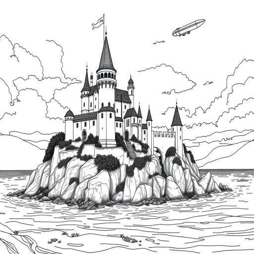 Regenerate a detailed line art illustration of a castle on a rocky island with pointed towers and a zeppelin in the sky, using a 50mm lens, f/8 aperture, ISO 100, natural lighting, and a high-resolution digital format.