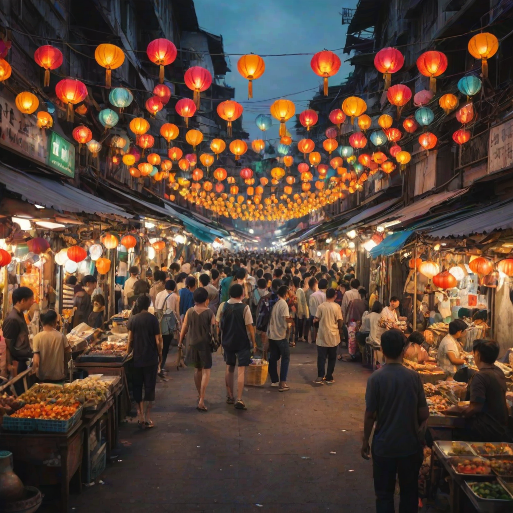 Soft-focus image of a bustling street market in Asia, colorful lanterns hanging above stalls selling street food, soft light from vendors illuminating the scene.