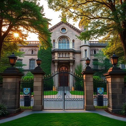 Capture a high-resolution image of a historic building with intricate architecture and lush greenery, using a DSLR camera, 24mm lens, aperture f/8, ISO 100, with a wide-angle view to include the gates and surrounding landscape during golden hour for enhanced lighting and colors.