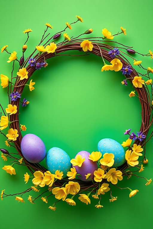 Create a vibrant floral wreath with green background featuring purple and blue eggs surrounded by yellow flowers and delicate vines, shot with a DSLR camera at f/4 aperture, 50mm lens, and natural lighting for enhanced color and detail.