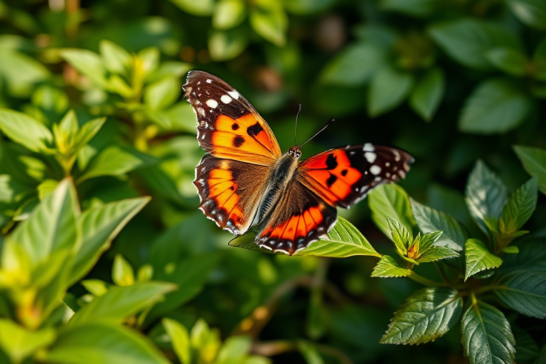 Generate an image of a butterfly perched on a leaf in a natural setting. The butterfly should have vibrant orange and black wings with white spots. Surround the butterfly with lush green foliage, including various plants and leaves, creating a serene and beautiful outdoor atmosphere. The lighting should be soft and natural, capturing the essence of a tranquil moment in nature.