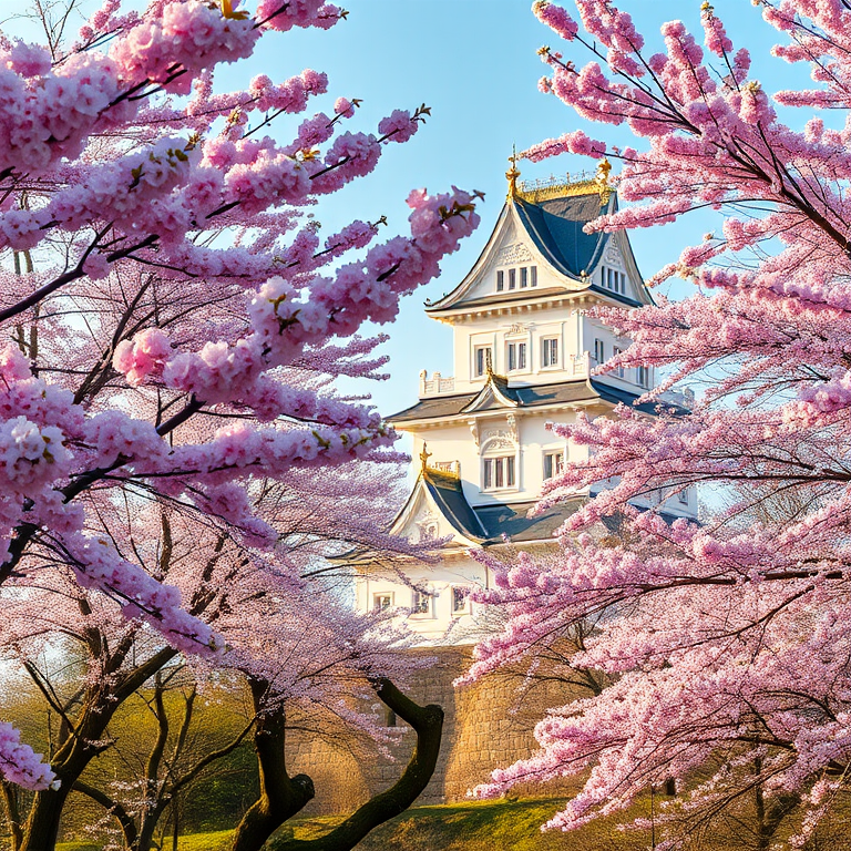 a picturesque white castle with intricate architecture surrounded by cherry blossom trees in full bloom, soft morning light illuminating the scene, captured with a DSLR camera at f/2.8 aperture, 50mm lens, ISO 100, in HDR style, with a slight angle from the left to enhance depth and perspective