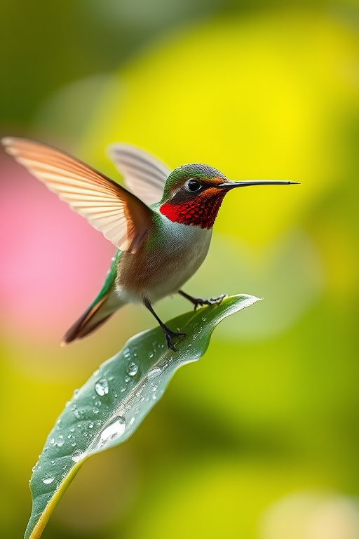 capture a vibrant hummingbird hovering over a dew-covered leaf in soft natural light with a shallow depth of field, using a Canon EOS R5, 85mm f/1.2 lens, ISO 200, aperture f/2.8, and shutter speed 1/1000s for sharp details and rich colors.