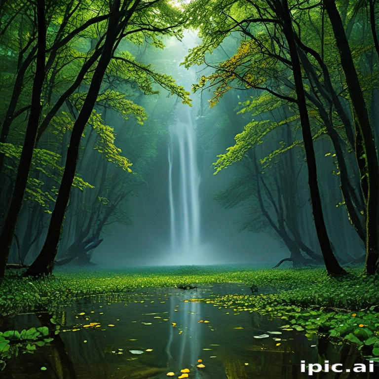 A Serene Waterfall Cascading Through Lush Green Forest and Tranquil Pond.
