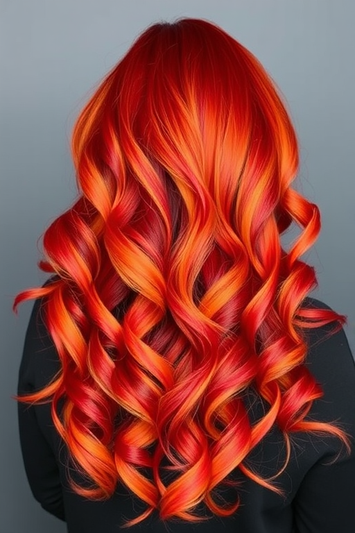 Fiery ombre locks transitioning from deep crimson roots to brilliant orange tips, styled in voluminous curls, dubbed "Phoenix Rising" hair, with subtle smoky undertones