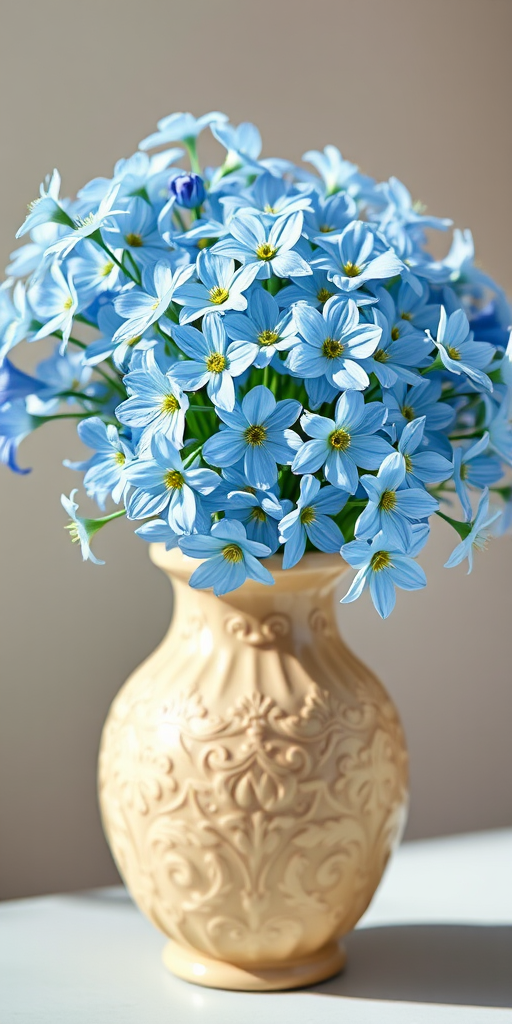 Generate a detailed illustration of a bouquet of delicate blue flowers in an ornate cream-colored vase with intricate patterns, using a wide-angle lens, f/2.8 aperture, soft natural lighting, and a focus on vibrant colors for enhanced clarity and depth.