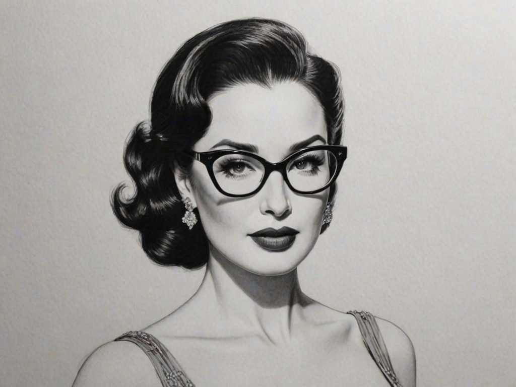 Beauteous Dita Von Teese, pencil sketch, portrait of Dazzling woman 1963s in glasses, hair style beatnik, outline, clear lines, fine lines, 8k