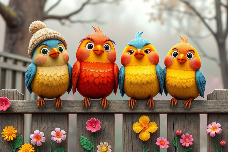 create a scene of 4 quirky  whimsical colourful comical birds each with a funny expression. they are sat on a wooden fence with colourful flowers. they are all different sizes. each one is a different colour  one is wearing a woolly hat. Each one has a different quirky google expression and there is a muted background of trees watercolour paintierly style high definition 8k resolution 3D paper mache
