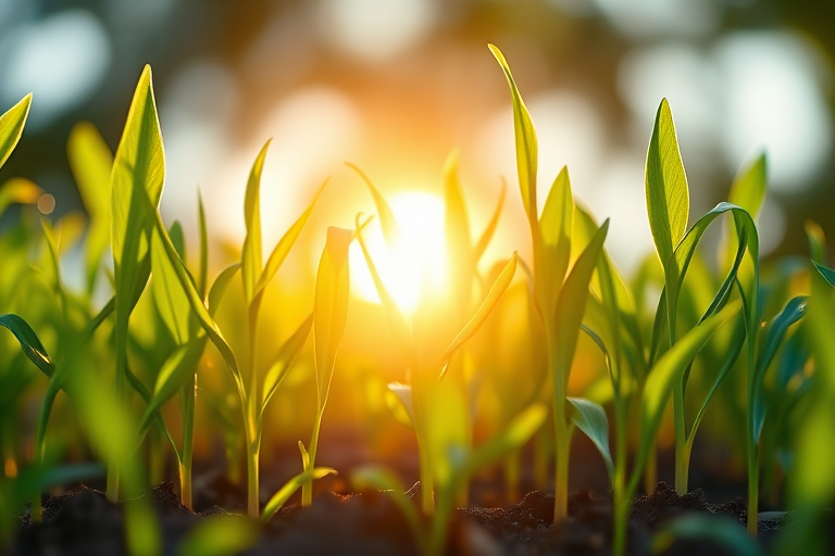 Regenerate the image of vibrant green plants growing from the ground with a bright sun in the background, using a Canon EOS R5, 50mm lens, f/1.8 aperture, ISO 100, with a soft focus style and vibrant colors for a high-quality digital illustration.