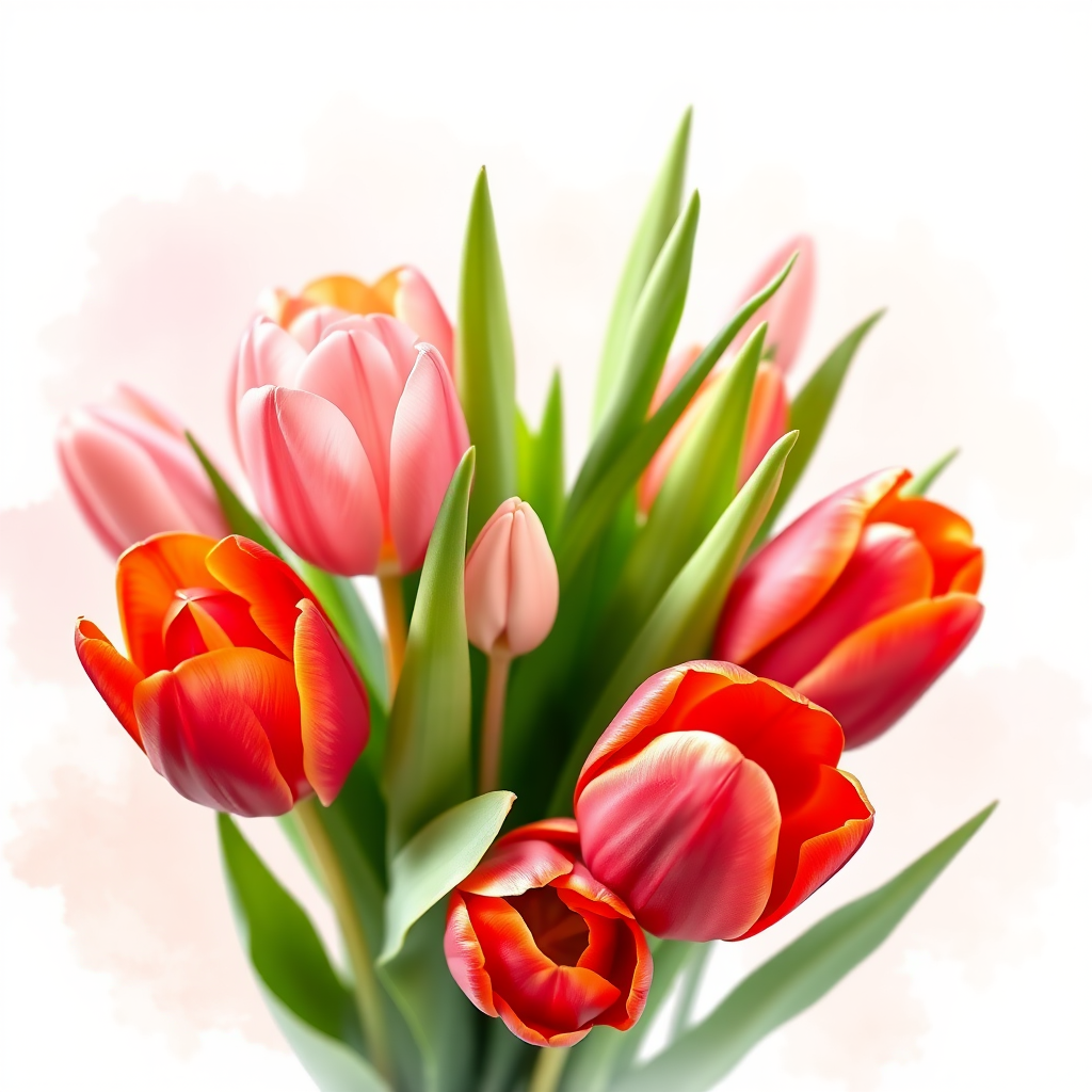 Create a vibrant illustration of a bouquet of tulips in various shades of pink, red, and orange, with a soft watercolor background, shot with a DSLR camera at f/2.8, 50mm lens, and a natural light setting to enhance the colors and details.