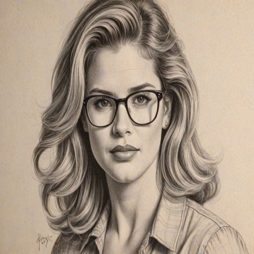 Bewitching Kristy Swanson, pencil sketch, portrait of Comely woman 1942s in glasses, hair style beatnik, outline, clear lines, fine lines, 8k