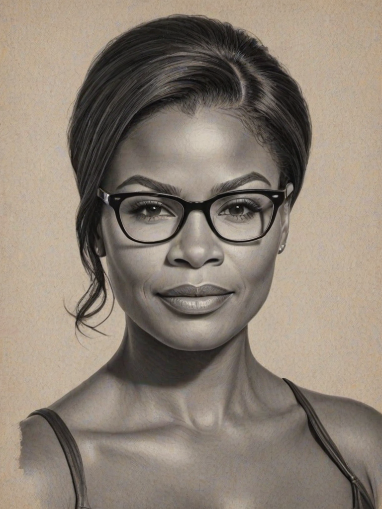 Stunning Nia Long, pencil sketch, portrait of Beauteous woman 1952s in glasses, hair style beatnik, outline, clear lines, fine lines, 8k