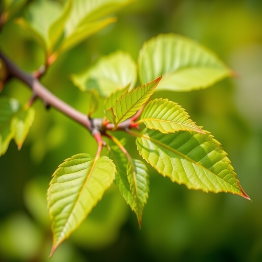close-up shot of vibrant green leaves on a branch, shallow depth of field, ISO 200, f/2.8, 1/250 sec, macro lens, natural light, DSLR