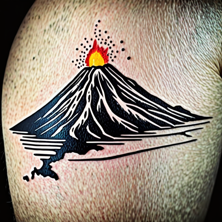 Black and White tattoo of a long island with a volcano