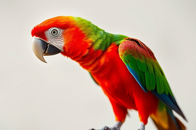 A vibrant red and green parrot standing on a plain background, captured with a Canon EOS R5, 85mm lens, aperture f/1.8, ISO 100, natural light, close-up view for enhanced detail and clarity.