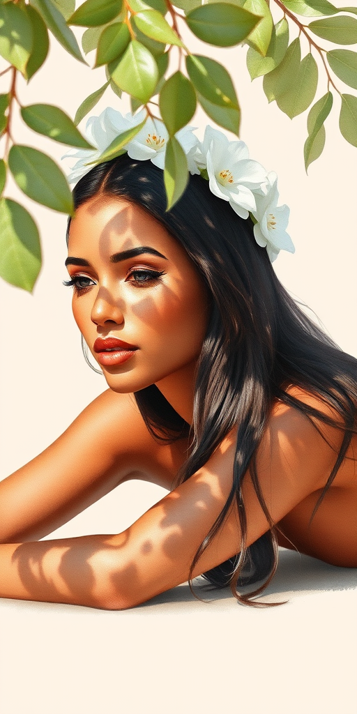 create a watercolor painting of an ethereal portrait of beautiful Aboriginal Australian woman with a simple white flower crown on her head. Her hair is long and she is lying on the ground. The sunlight on the trees casts shadows from the leaves on her face and body. The background is a neutral brown color that matches her skin tone. The image is minimalist and solid colors. This style is characterized by soft, delicate brushstrokes and a light, airy, contrasting color palette. High level of detail and play of light