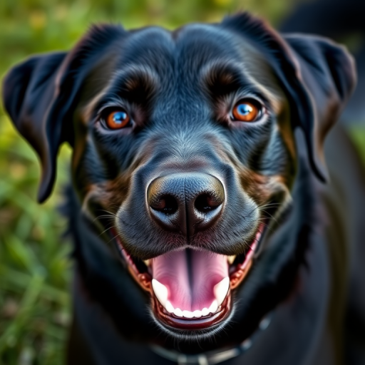 Close-up portrait of a happy black dog with bright brown eyes, outdoors with blurred green grass background, natural lighting, aperture f/2.8, shutter speed 1/250s, ISO 200, DSLR camera, portrait mode.