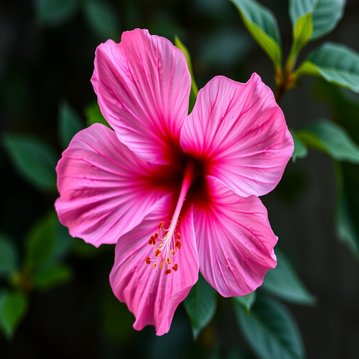 pink hibiscus flower with detailed petals and stamen, close-up view, 50mm lens, f/2.8 aperture, natural lighting, high resolution, studio photography