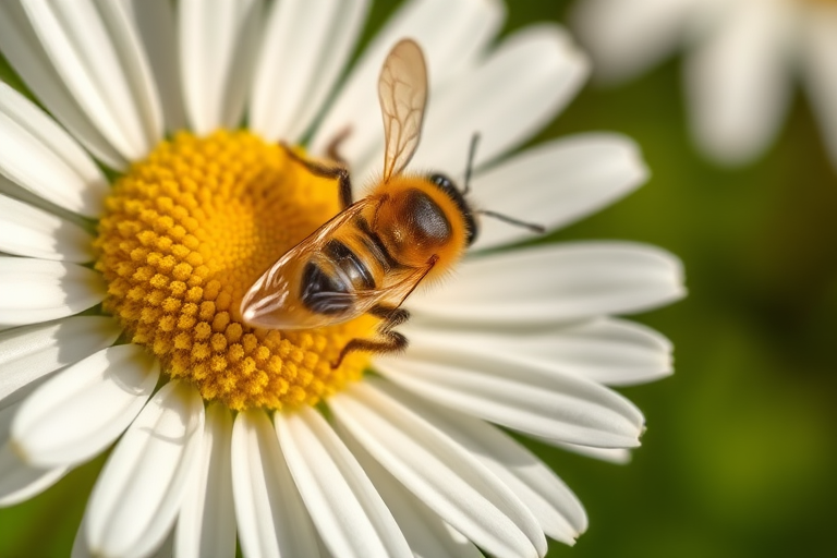 Close-up shot of a bee on a daisy flower, shallow depth of field, f/2.8, ISO 100, 1/200 sec, macro lens, natural lighting, DSLR camera.