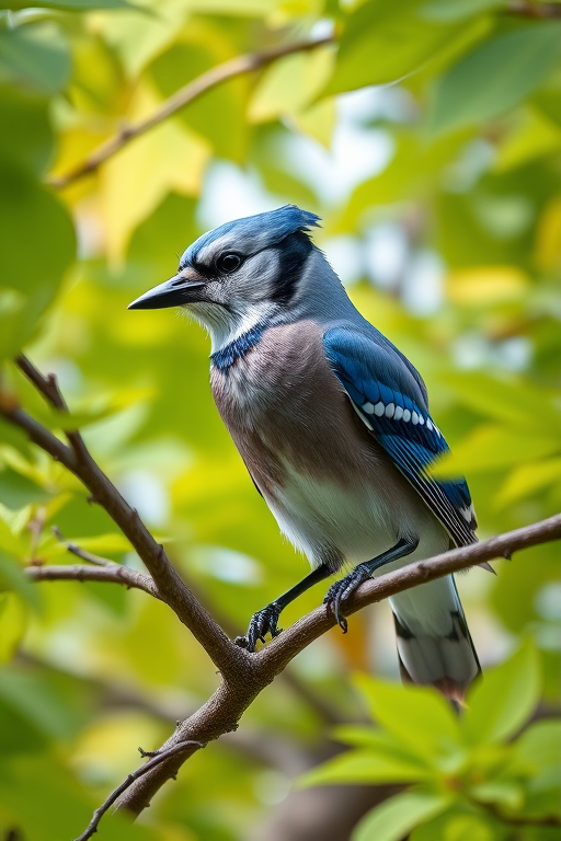 Capture a close-up shot of a blue jay perched on a tree branch surrounded by vibrant green leaves, using a DSLR camera with a 50mm lens, aperture set to f/2.8 for a shallow depth of field, ISO 400, shutter speed of 1/500 sec, natural lighting, in a soft-focus style.