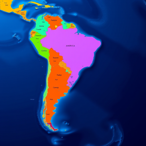 Create a colorful political map of the Americas, highlighting each country in distinct vibrant colors with clear borders, using a high-resolution digital camera set to 24mm focal length, aperture at f/8, ISO 100, in landscape orientation and shot from a bird's eye view.