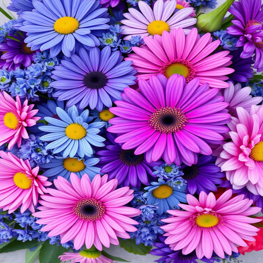 Create a vibrant floral arrangement with a focus on blue, purple, and pink flowers, shot with a DSLR camera at f/2.8 aperture, ISO 100, 50mm lens, top-down view, natural light, with an emphasis on sharpness and color saturation.