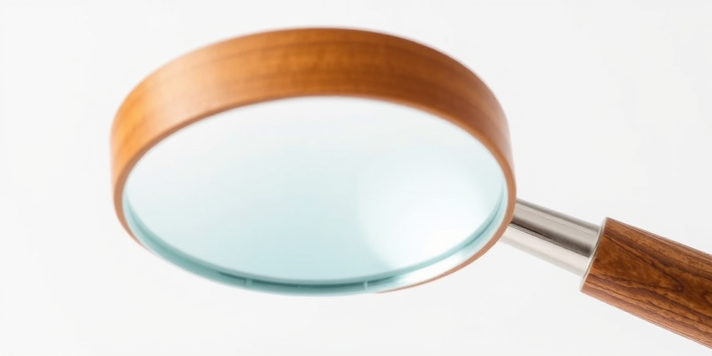 Create a high-resolution illustration of a magnifying glass with a wooden handle and a light blue lens in a clean, white background using a DSLR camera, f/8 aperture, 50mm lens, and soft diffused lighting to enhance clarity and detail.