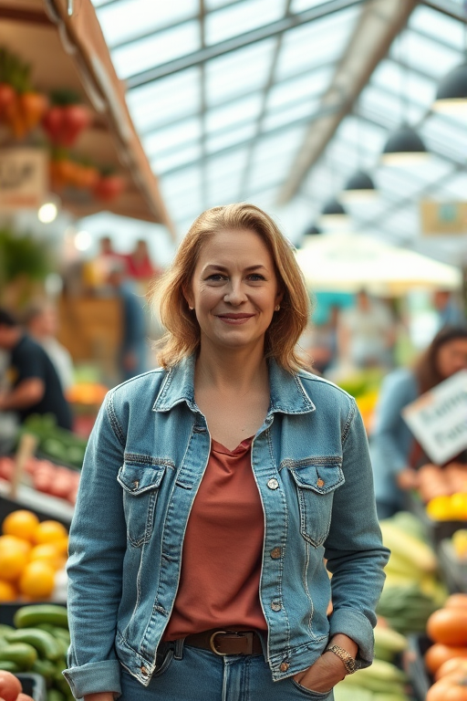 Warmly lit photo of a woman in her 40s, casually dressed in a denim jacket, standing in a bustling farmers' market, surrounded by vibrant produce and cheerful vendors.