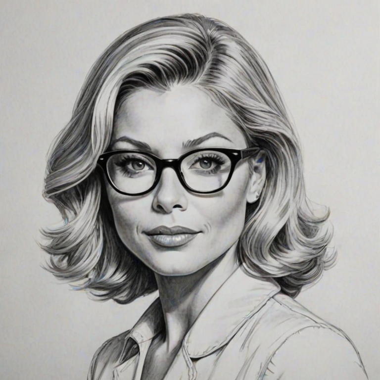Fascinating Kelly Ripa, pencil sketch, portrait of Alluring woman 1943s in glasses, hair style beatnik, outline, clear lines, fine lines, 8k