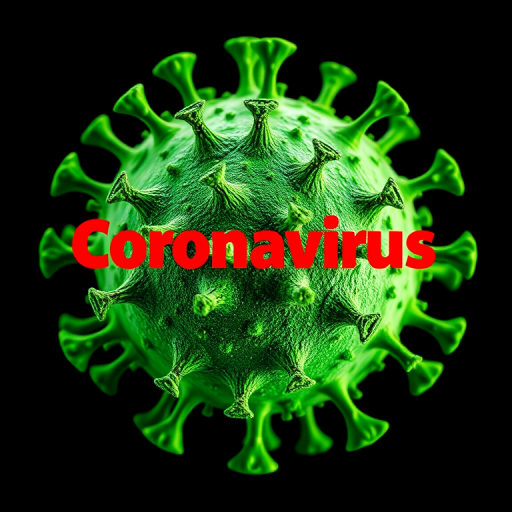 Create a high-resolution 3D render of a stylized coronavirus particle with vibrant green color and pronounced spikes, featuring bold red text saying "Coronavirus" across the image, shot with a Canon EOS R5, 85mm f/1.4 lens, at f/2.8 aperture in bright studio lighting for enhanced clarity and detail.