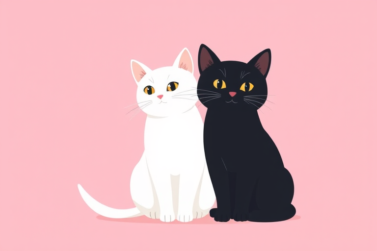 Create a minimalist illustration of a black cat and a white cat sitting side by side on a soft pink background, using a Canon EOS R5 with a 50mm f/1.2 lens, aperture set to f/2.8, shutter speed 1/200 sec, and ISO 100 for optimal image clarity and softness.
