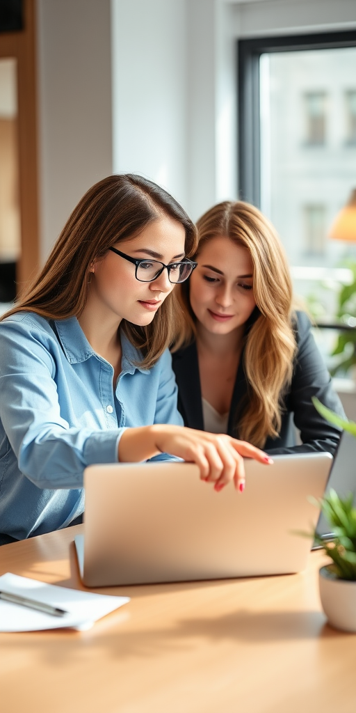 Two women collaborating at a desk with a laptop, one pointing at the screen while the other observes, soft natural lighting, 50mm lens, f/1.8 aperture, ISO 200, focused depth of field, captured with a DSLR camera in a modern office setting.
