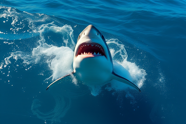 Create a hyper-realistic image of a great white shark breaching the surface, with high dynamic range, 50mm lens, f/1.8 aperture, ISO 100, shot from a low angle to emphasize the shark's size against a clear blue ocean backdrop.
