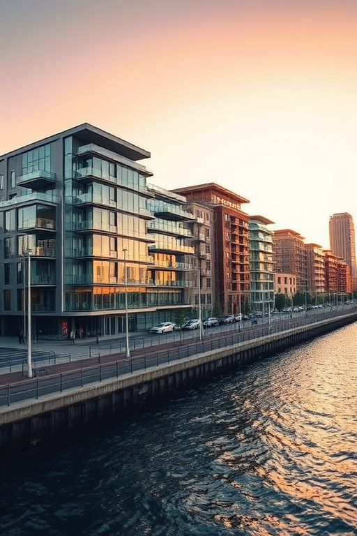 Capture a wide-angle view of modern architectural buildings along a waterfront during golden hour, with a focus on sharp details and rich colors, using a DSLR camera set at f/8 aperture, ISO 100, shutter speed 1/200 sec, and a 24mm lens for enhanced clarity and depth.