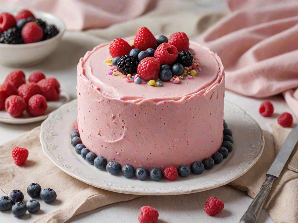 Generate an image of a round cake with a smooth pink frosting. The top is adorned with an assortment of fresh berries, including raspberries, blackberries, and blueberries, along with decorative edible flowers and small candy pearls. The cake is placed on a white plate, with a vintage background that includes old papers or fabric.