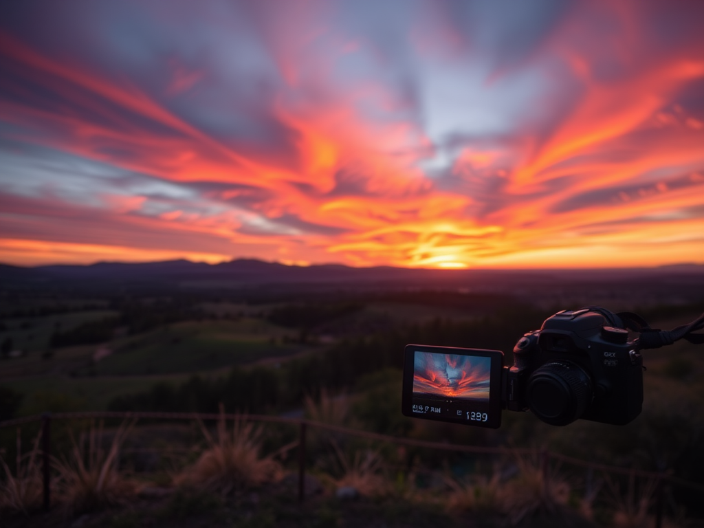Create a high-resolution image of a serene landscape at sunset with vibrant colors, using a DSLR camera, 35mm lens, aperture f/8, shutter speed 1/125s, ISO 100, landscape view, natural lighting, and a soft focus effect.