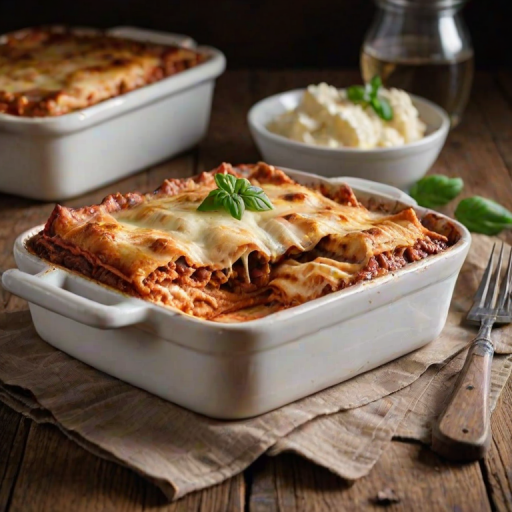 Warmly lit photo of a delicious homemade lasagna in a ceramic dish, soft cheese bubbling on top, with a fork resting beside it on a rustic wooden table.